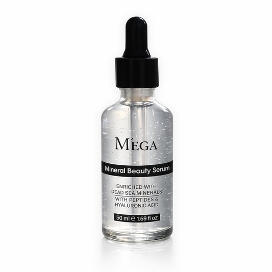 Méga mineral beauty serum bottle with dropper on a white background