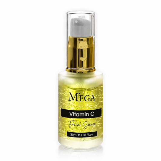 Facial serum bottle labeled 'Mega Vitamin C' on a white background